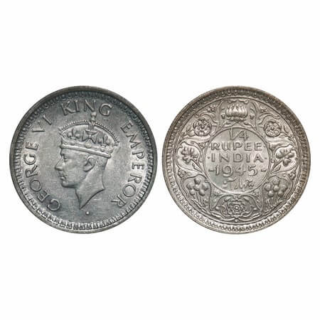 George VI, Half Silver, 1/4 Rupee, 1945, Bombay Mint, Head Type II, Rev II, Dot, Security 