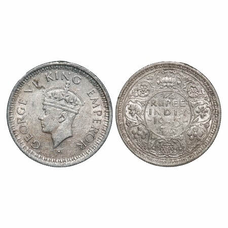 George VI, Half Silver, 1/4 Rupee, 1945, Bombay Mint, Head Type II, Rev II, Dot, Security 