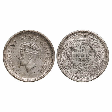 George VI, Half Silver, 1/4 Rupee, 1945, Bombay Mint, Head Type II, Rev II, Dot, Security 