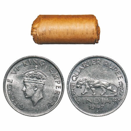 George VI, Nickel, 1/4 Rupee, (Roll of 24 coins), 1947, Bombay Mint, Head Type II, Rev IV,