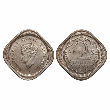 George VI, Copper-Nickel, 2 Annas, 1939, Bombay Mint, Dots by year, Head Type II, Split do