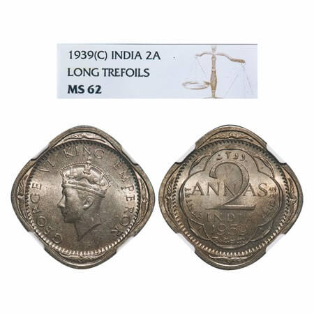 George VI, Copper-Nickel, 2 Annas, 1939, Calcutta Mint, No dots by year, Head Type I. F. P