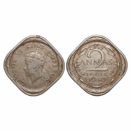 George VI, Copper-Nickel, 2 Annas, 1940, Bombay Mint, Dots by year, Head Type I. F. Prid U