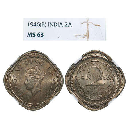 George VI, Copper-Nickel, 2 Annas, 1946, Bombay Mint, Dots by year, Head Type II. F. Prid 
