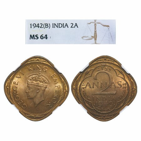 George VI, Nickel-Brass, 2 Annas, 1942, Bombay Mint, Dots by year, Head Type II, Large num