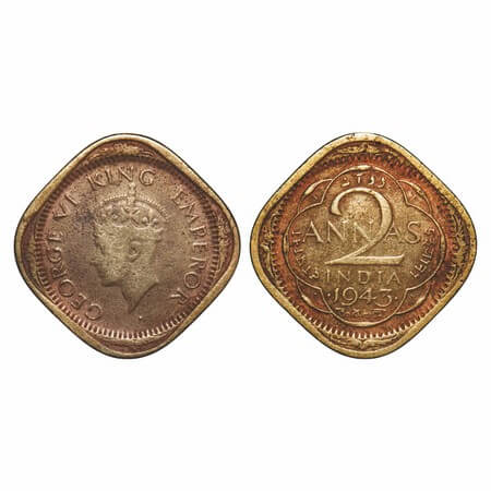 George VI, Nickel-Brass, 2 Annas, 1943, Bombay Mint, Dots by year, Head Type II, Bottom cu