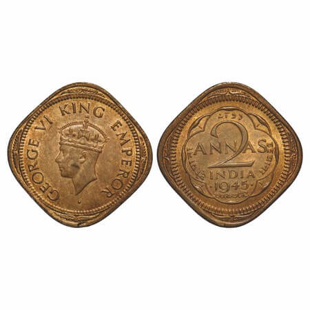 George VI, Nickel-Brass, 2 Annas, 1945, Bombay Mint, Dots by year, Head Type II, Tip of cr