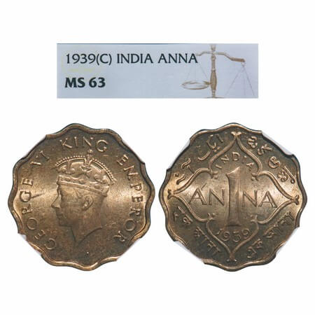 George VI, Copper-Nickel, 1 Anna, 1939, Calcutta Mint, No dot, Head Type I. F. Prid 960. G