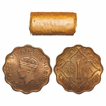 George VI, Nickel-Brass, 1 Anna, (Roll of 40 coins), 1942, Bombay Mint, Head Type II, Dot.