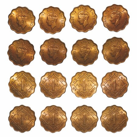 George VI, Nickel-Brass, 1 Anna, (lot of 8 coins), 1942, Bombay Mint, Dot, Head Type II. F