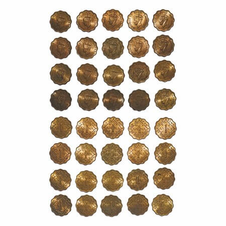 George VI, Nickel-Brass, 1 Anna (lot of 20 coins), 1942, 1 to 10) Bombay Mint, Dot, Head T