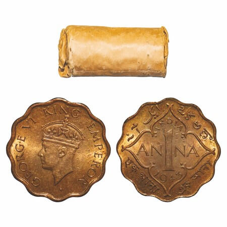 George VI, Nickel-Brass, 1 Anna, (Roll of 40 coins), 1943, Calcutta Mint, Head Type II, No