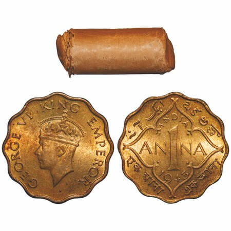 George VI, Nickel-Brass, 1 Anna, (Roll of 40 coins), 1943, Calcutta Mint, Head Type II, No