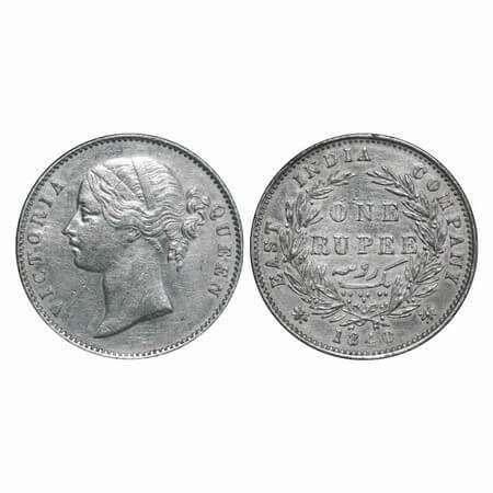 Victoria Queen, Silver, Rupee, 1840, DL, Madras Mint, W.W. 'S' raised, Wreath with 28 Berr
