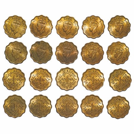 George VI, Nickel-Brass, 1 Anna, (lot of 10 coins), 1945, Calcutta Mint, No dot, Head Type