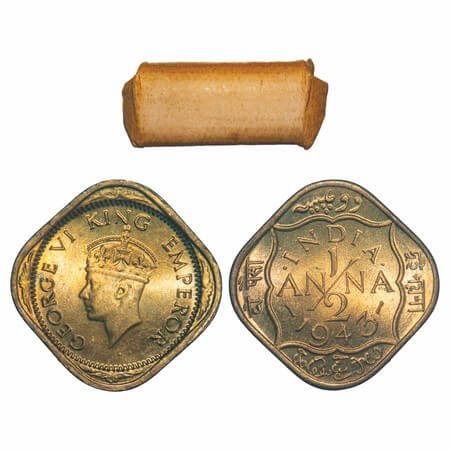 George VI, Nickel-Brass, 1/2 Anna, (Roll of 24 coins), 1943, Calcutta Mint, Dots by India,