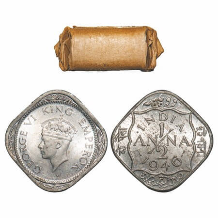 George VI, Copper-Nickel, 1/2 Anna, (Roll of 24 coins), 1946, Bombay Mint, Dots by India, 