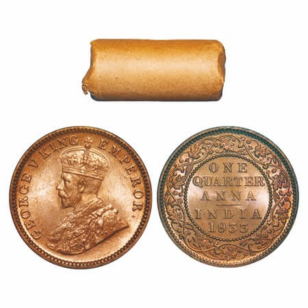 George V, Bronze, Quarter Anna, (Roll of 32 coins), 1933, Calcutta Mint, No dot. 24 coins 