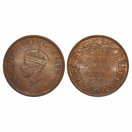 George VI, Bronze, Quarter Anna, 1939, Calcutta Mint, No dot, Head Type II. F. Prid Unlist
