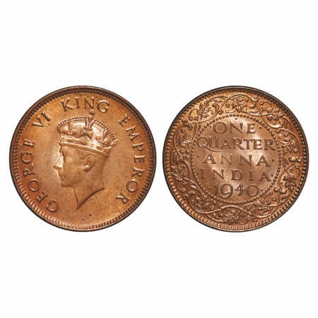 George VI, Bronze, Quarter Anna, 1940, Bombay Mint, Dot, Head Type I. F. Prid 691. GK 1425