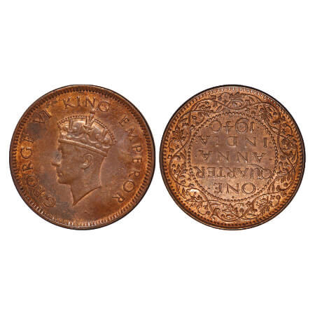 George VI, Bronze, Quarter Anna, 1940, Bombay Mint, Dot, Head Type I, Error Rev inverted. 