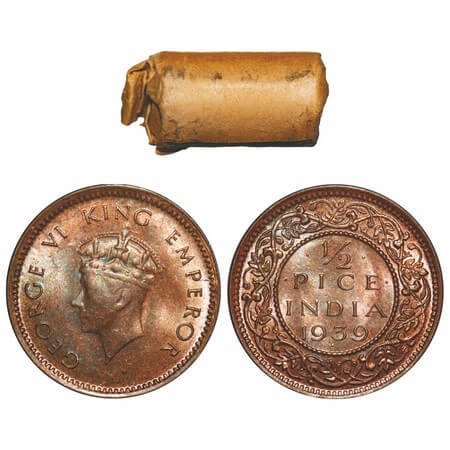George VI, Bronze, 1/2 Pice, (Roll of 24 coins), 1939, Bombay Mint, Dot, Head Type I. 24 c