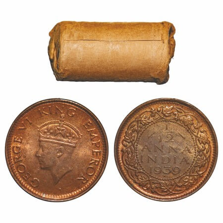 George VI, Bronze, 1/12 Anna, (Roll of 24 coins), 1939, Bombay Mint, Head Type II, Dot. 24