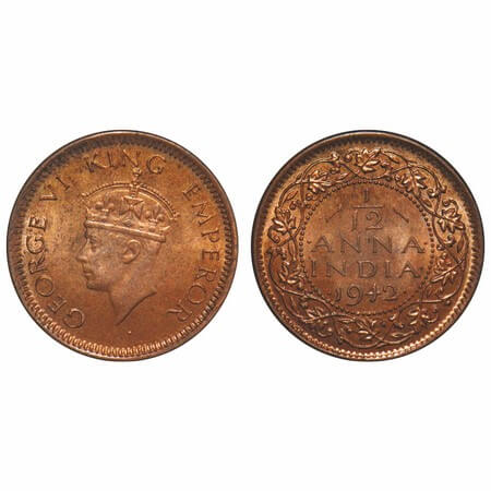 George VI, Bronze, 1/12 Anna, 1942, Bombay Mint, Dots by year, Head Type II. F. Prid. GK 1