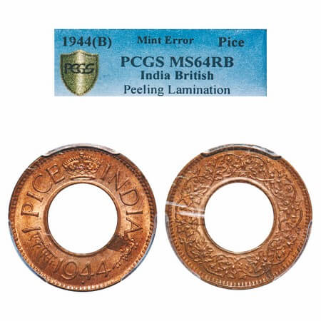 George VI, Bronze, 1 Pice, 1944, Bombay Mint, Diamond, High Crown, Error planchet flaw (Pe