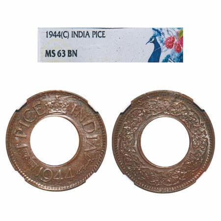 George VI, Bronze, 1 Pice, 1944, Calcutta Mint, No mint mark, High Crown. F. Prid Unlisted