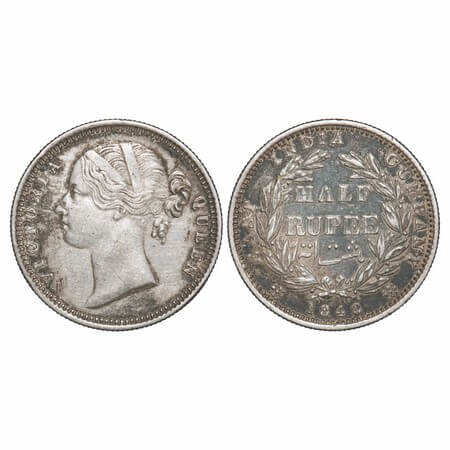Victoria Queen, Silver, Half Rupee, 1840, DL, Madras Mint, 'B' raised, W.W. incused, Wreat