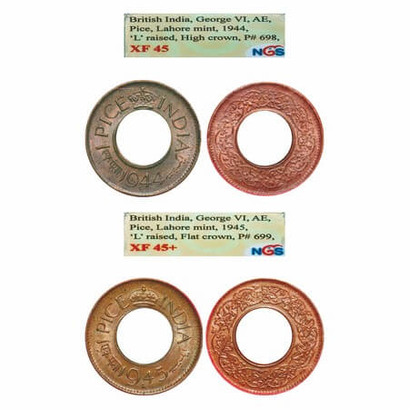 George VI, Bronze, 1 Pice, (2 slabs), Lahore Mint, 1) 1944, High Crown, 'L' raised, 2) 194