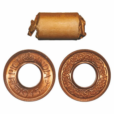 George VI, Bronze, 1 Pice, (Roll of 24 coins), 1945, Calcutta Mint, Flat Crown, No mint ma
