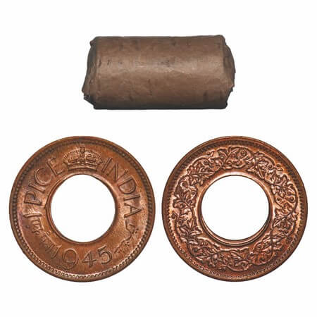 George VI, Bronze, 1 Pice, (Roll of 24 coins), 1945, Calcutta Mint, Flat Crown, No mint ma