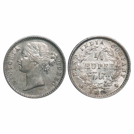 Victoria Queen, Silver, 1/4 Rupee, 1840, DL, Calcutta Mint, W.W. raised, Wreath with 10 Be