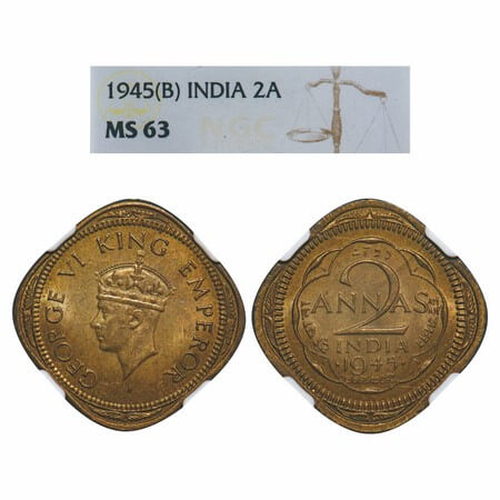 George VI, Nickel-Brass, 2 Annas, 1945, Bombay Mint, Dots by year, Head Type II, Tip of cr