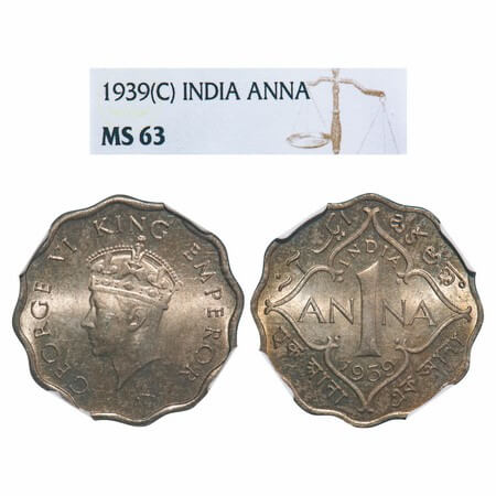 George VI, Copper-Nickel, 1 Anna, 1939, Calcutta Mint, No dot, Head Type I. F. Prid 960. G