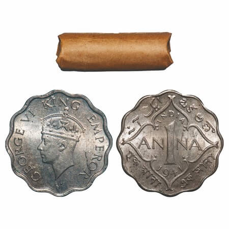George VI, Copper-Nickel, 1 Anna, (Roll of 24 coins), 1941, Calcutta Mint, No dot, Head Ty