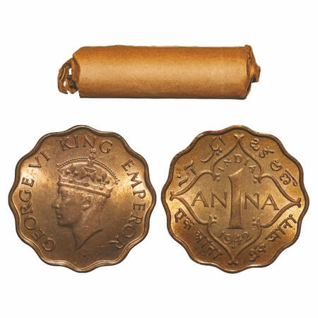 George VI, Nickel-Brass, 1 Anna, (Roll of 40 coins), 1942, Bombay Mint, Dot, Head Type II.
