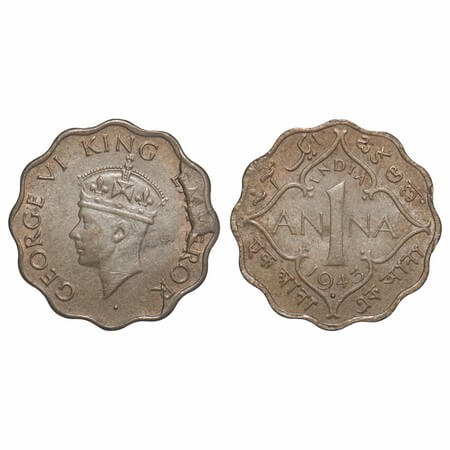 George VI, Nickel-Brass, 1 Anna, 1943, Bombay Mint, Dot, Head Type II, Large numeral 3, Er