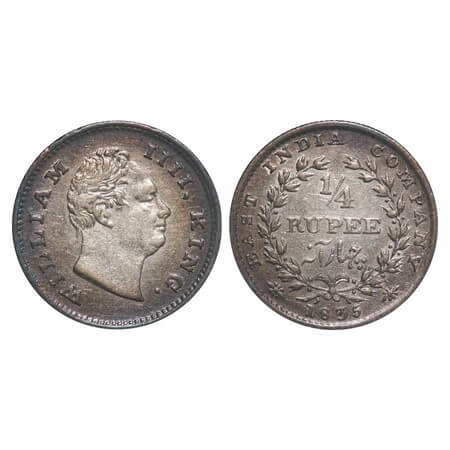 William IV, Silver, 1/4 Rupee, 1835, Bombay Mint, A/I, No initials, Rev aligned, Large and