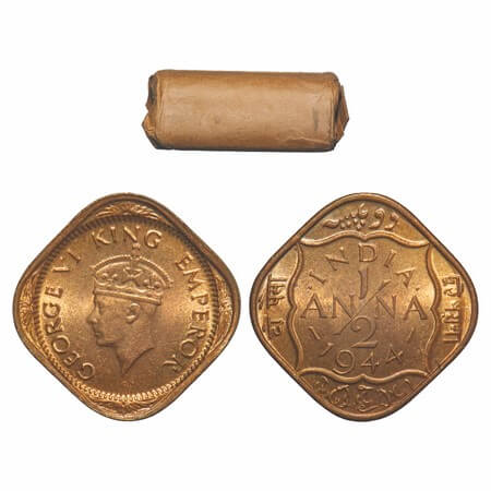 George VI, Nickel-Brass, 1/2 Anna, (Roll of 24 coins), 1944, Calcutta Mint, Dots by India,
