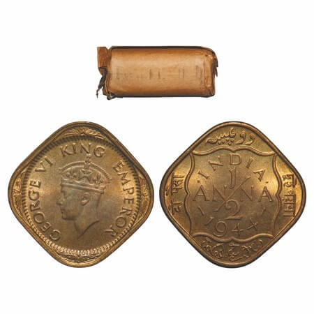 George VI, Nickel-Brass, 1/2 Anna, (Roll of 24 coins), 1944, Calcutta Mint, Dots by India,