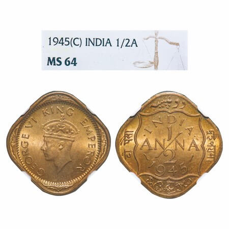 George VI, Nickel-Brass, 1/2 Anna, 1945, Calcutta Mint, Dots by India dashes by year. F. P
