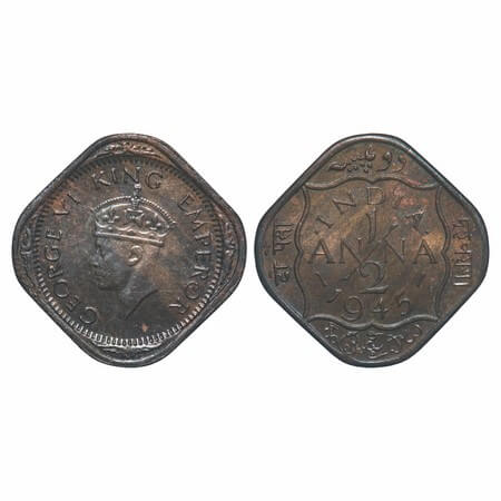 George VI, Nickel-Brass, 1/2 Anna, 1945, Calcutta Mint, Doats by India, Dashes by year. F.