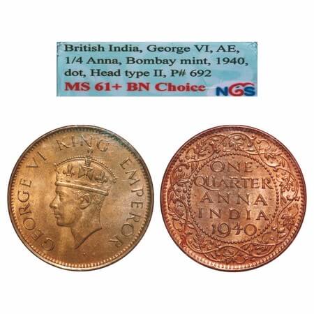 George VI, Bronze, Quarter Anna, 1940, Bombay Mint, Dot, Head Type II. F. Prid 692. GK 142