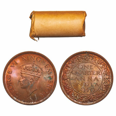 George VI, Bronze, Quarter Anna, (Roll of 32 coins), 1940, Calcutta Mint, No dot, Head Typ