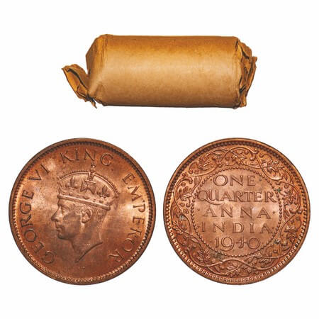 George VI, Bronze, Quarter Anna, (Roll of 32 coins), 1940, Calcutta Mint, No dot, Head Typ