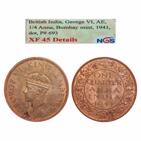 George VI, Bronze, Quarter Anna, 1941, Bombay Mint, Dot, Head Type II. F. Prid 693. GK 142
