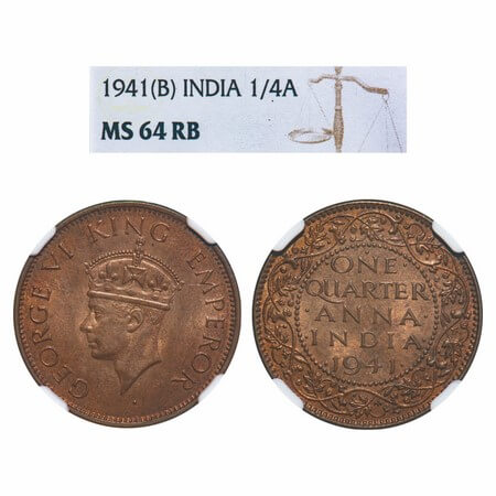 George VI, Bronze, Quarter Anna, 1941, Bombay Mint, Dot, Head Type II. F. Prid 693. GK 142